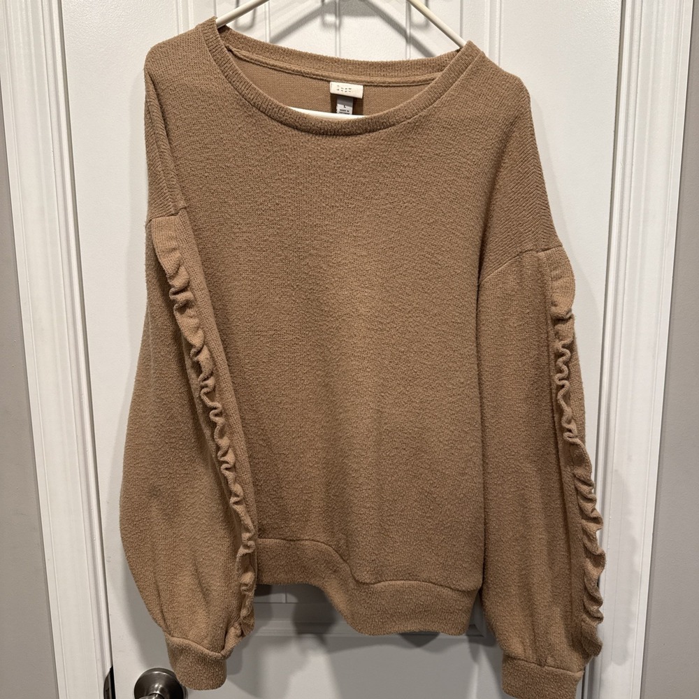 A New Day Tan Ruffle Trim Sleeve Sweater Size Large